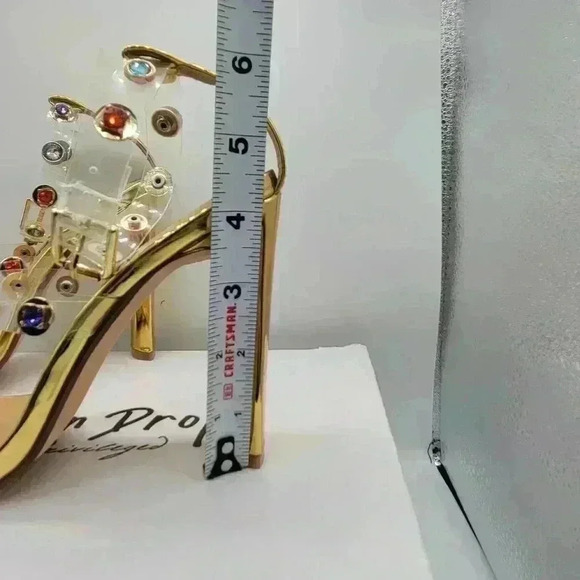 NEW IN BOX Lemon Drop by Privilege Strappy Gold Sandals 6.5 High Heel W/Stones - Picture 12 of 16